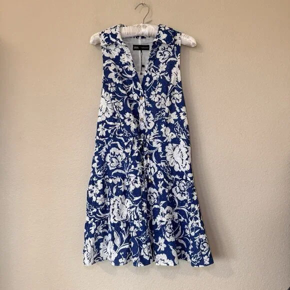 ZARA Womens Blue White Floral Embroidered Sleeveless Dress Size XL - Picture 15 of 15